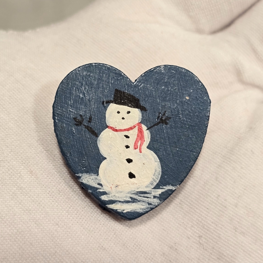 Vintage 1990s Hand Painted Winter Christmas Snowman Solid Wood Pin Brooch